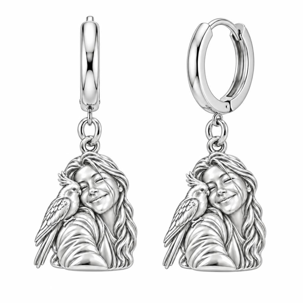 Sculpted Cockatiel Selfie Huggie Charm Earrings – silver, front view