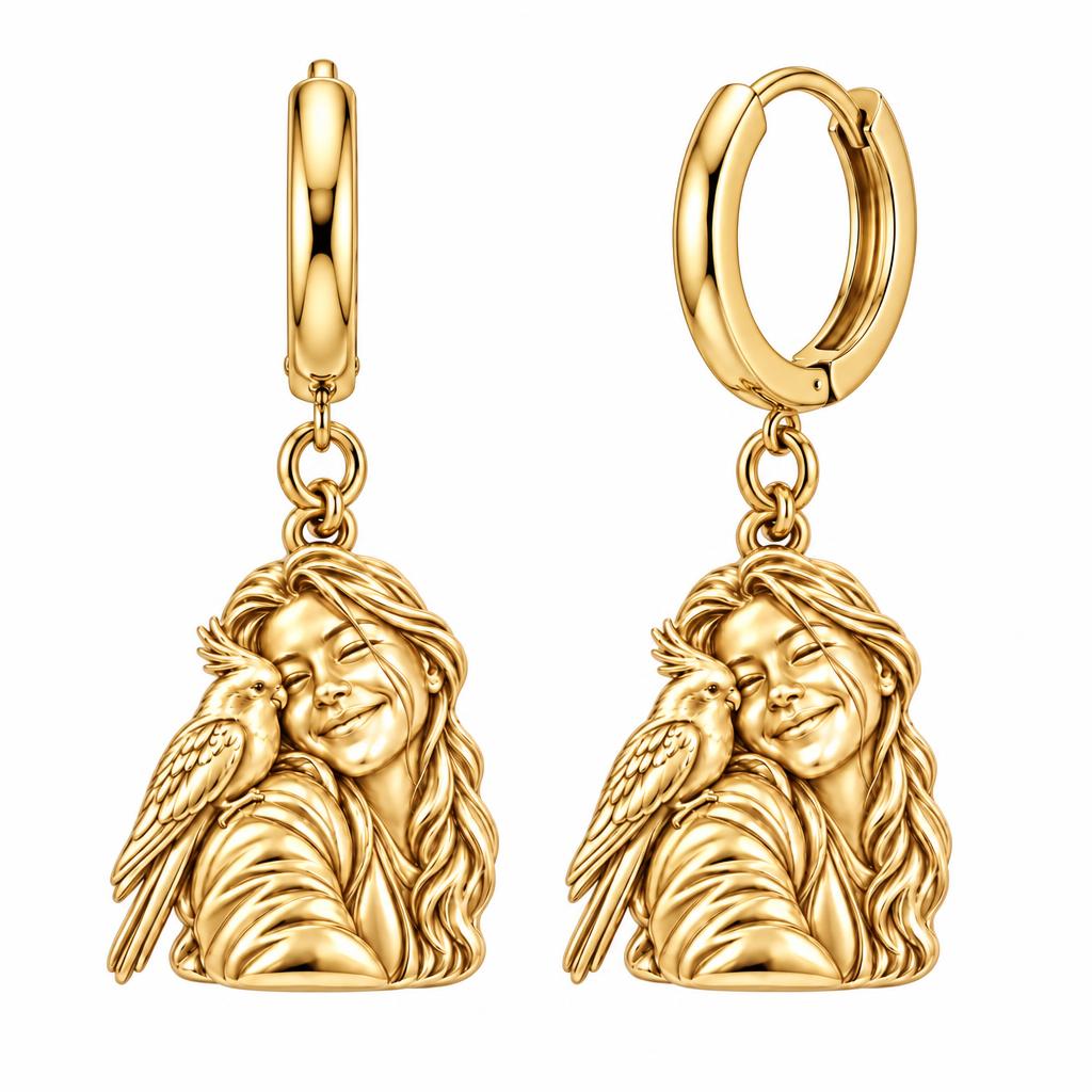 Sculpted Cockatiel Selfie Huggie Charm Earrings – 18K gold, front view