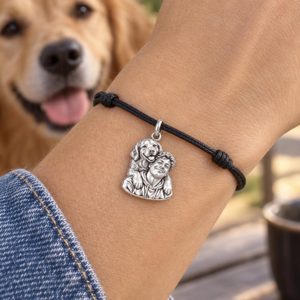 Sculpted Cozy Pet Selfie Charm Bracelet – Personalized Pet Lovers Gift – worn on the wrist on a black cord bracelet