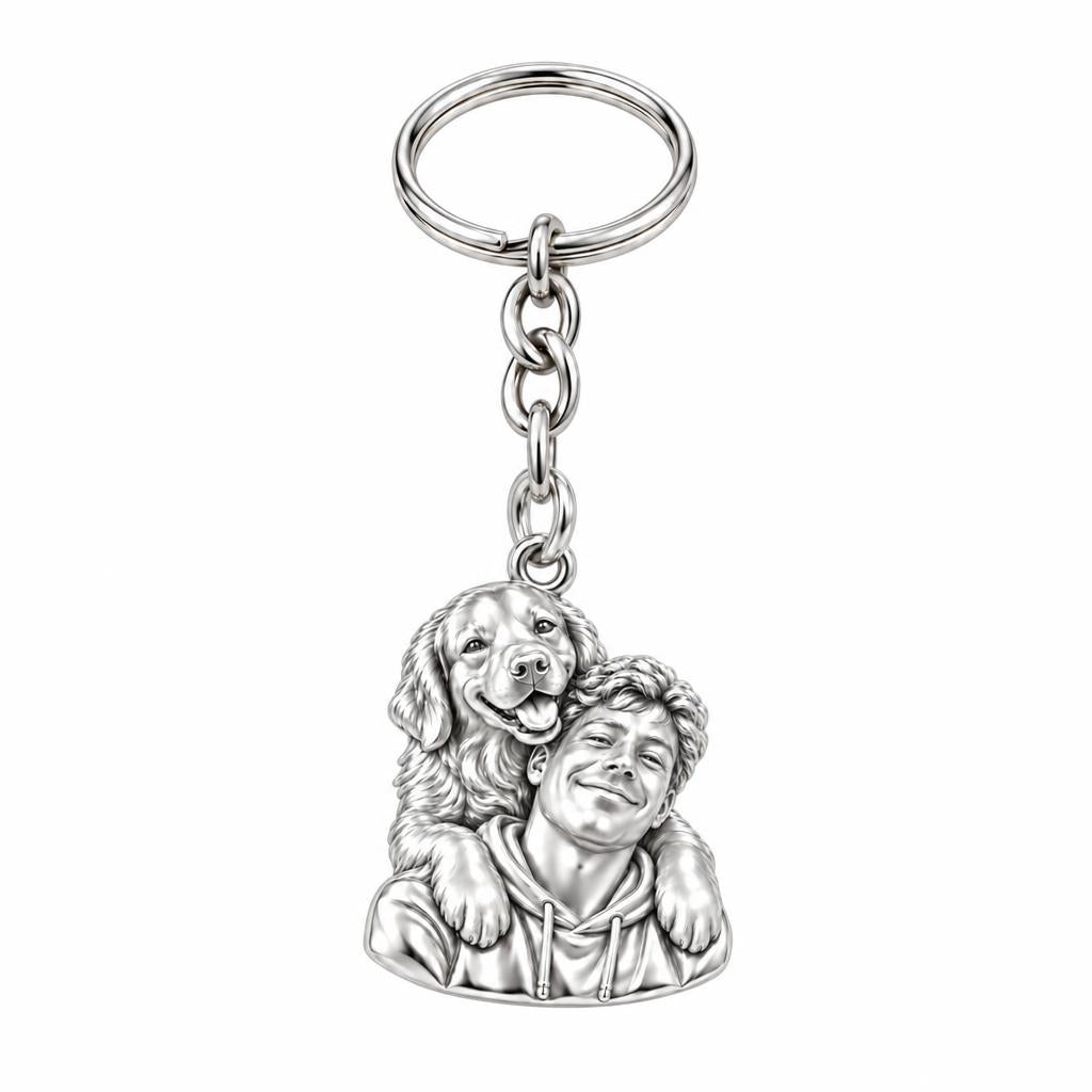Sculpted Cozy Pet Selfie Charm Keychain – silver, front view