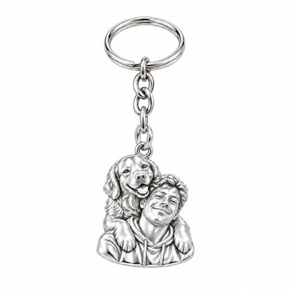 Sculpted Cozy Pet Selfie Charm Keychain – silver, front view