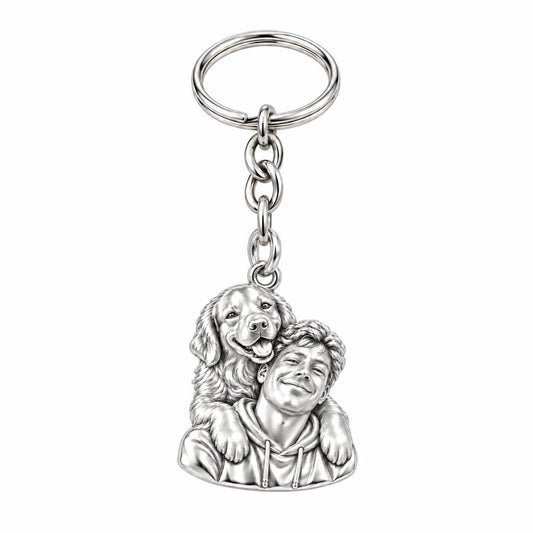 Sculpted Cozy Pet Selfie Charm Keychain – silver, front view