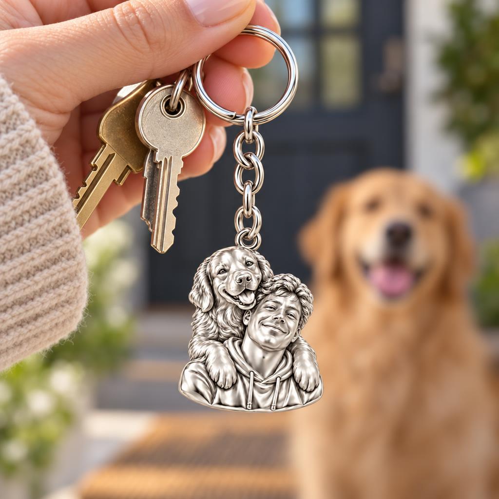 Sculpted Cozy Pet Selfie Charm Keychain – worn / in use