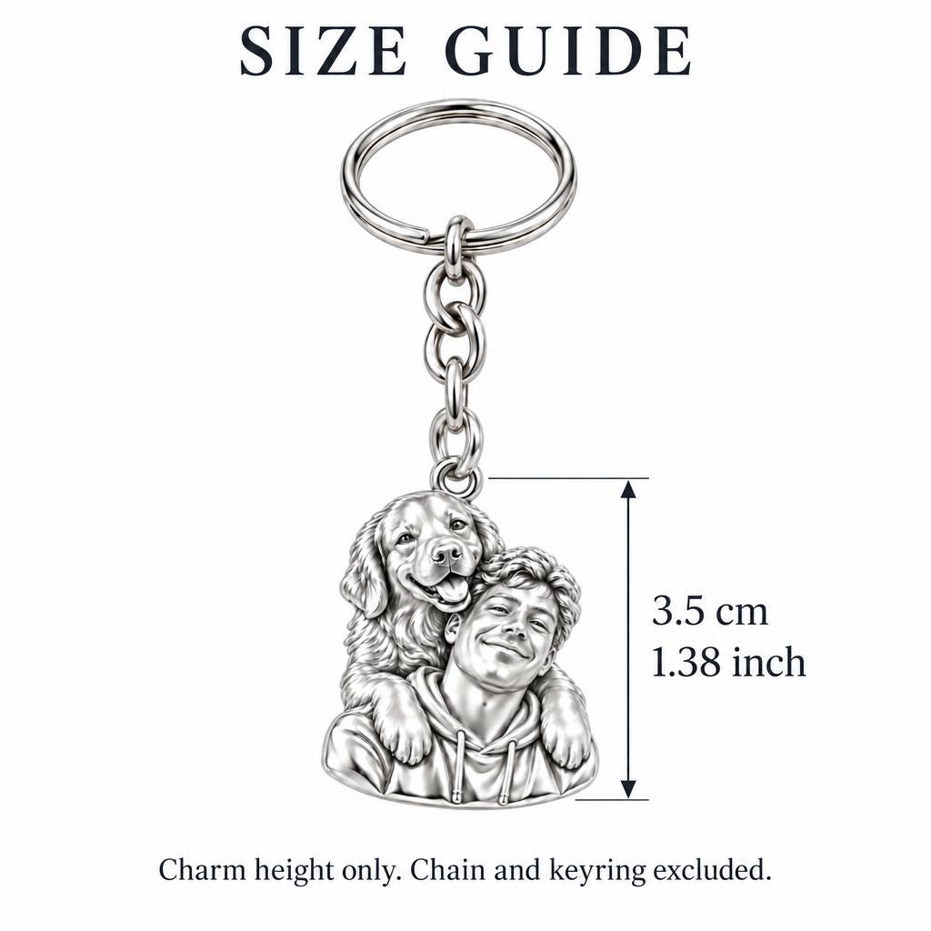 Sculpted Cozy Pet Selfie Charm Keychain – size guide, 3.5 cm (1.38 in) charm, chain and keyring excluded