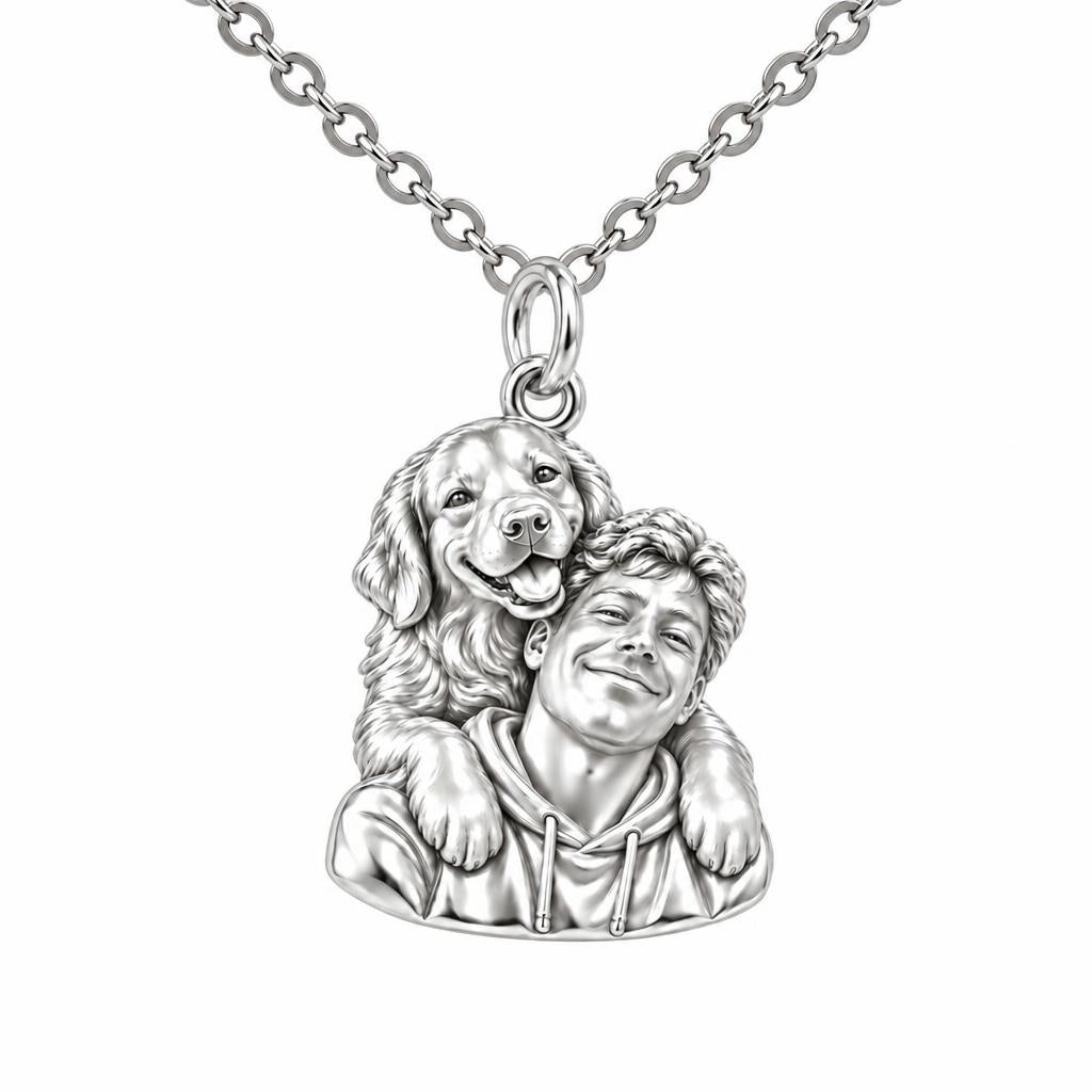 Sculpted Cozy Pet Selfie Charm Necklace Set – silver, front view