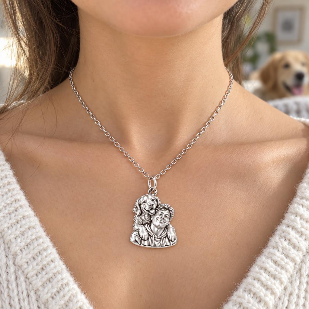 Sculpted Cozy Pet Selfie Charm Necklace Set – worn / in use