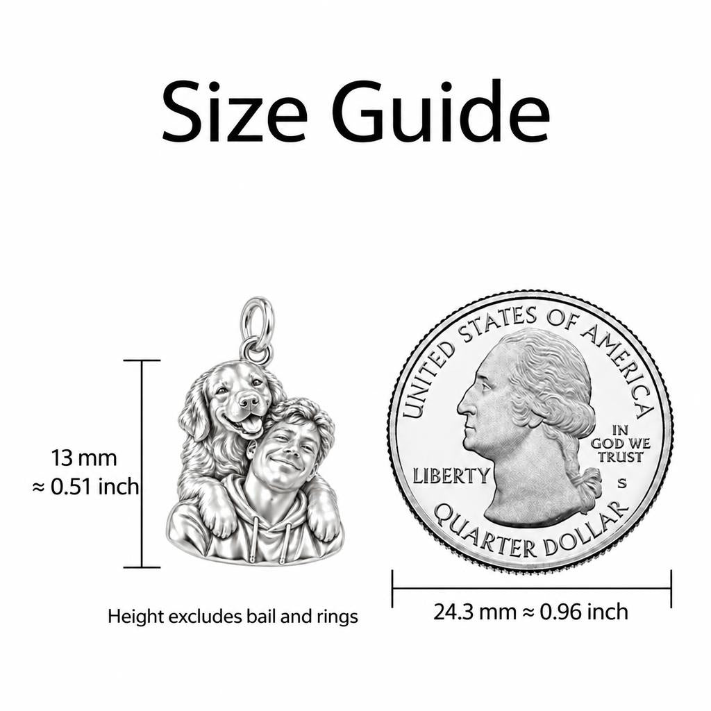 Sculpted Cozy Pet Selfie Charm Necklace Set – size guide, 13 mm charm next to a quarter