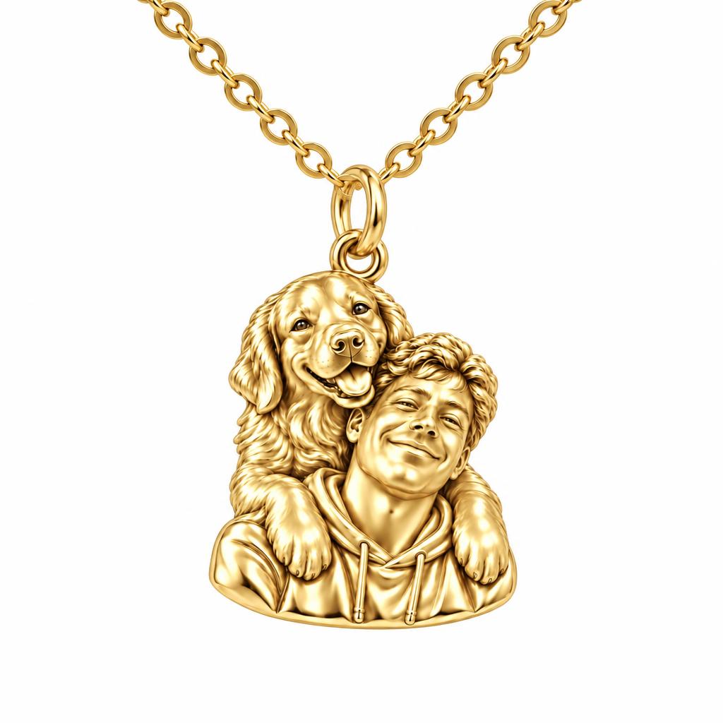 Sculpted Cozy Pet Selfie Charm Necklace Set – 18K gold, front view