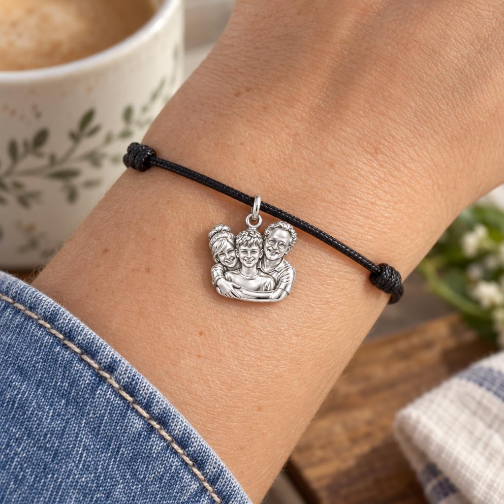 Sculpted Family Portrait Charm Bracelet – Personalized Mom Gift – worn on the wrist on a black cord bracelet