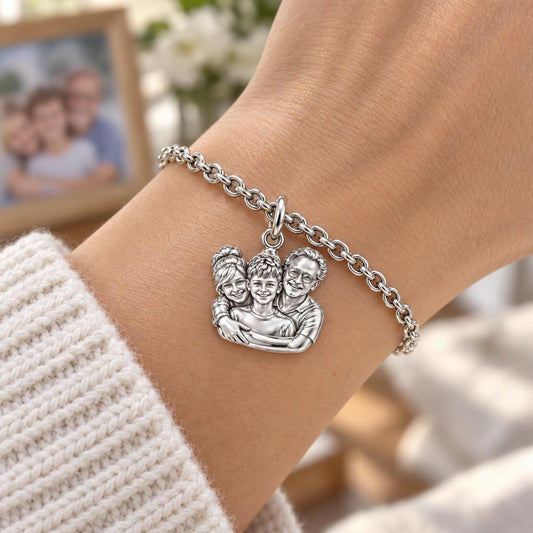Sculpted Family Portrait Charm Bracelet Set – worn / in use