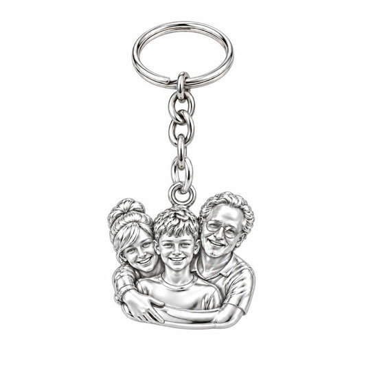 Sculpted Family Portrait Charm Keychain – silver, front view