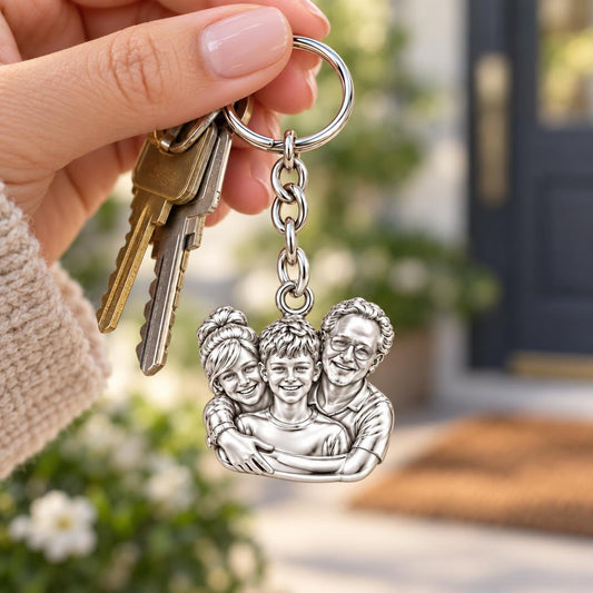 Sculpted Family Portrait Charm Keychain – worn / in use