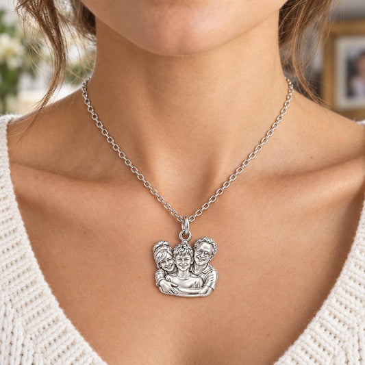 Sculpted Family Portrait Charm Necklace Set – worn / in use