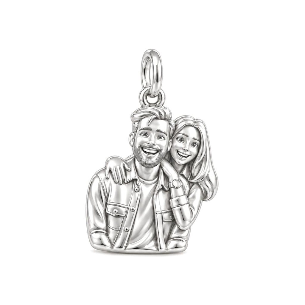 Sculpted Love Portrait Charm Bracelet – Personalized Couple Gift – silver charm, front view