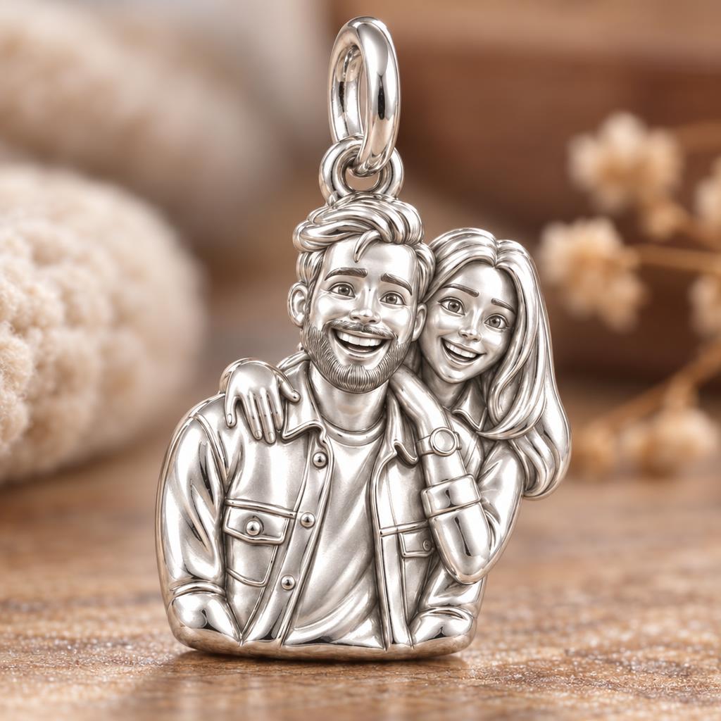 Sculpted Love Portrait Charm Bracelet – Personalized Couple Gift – macro detail of the charm
