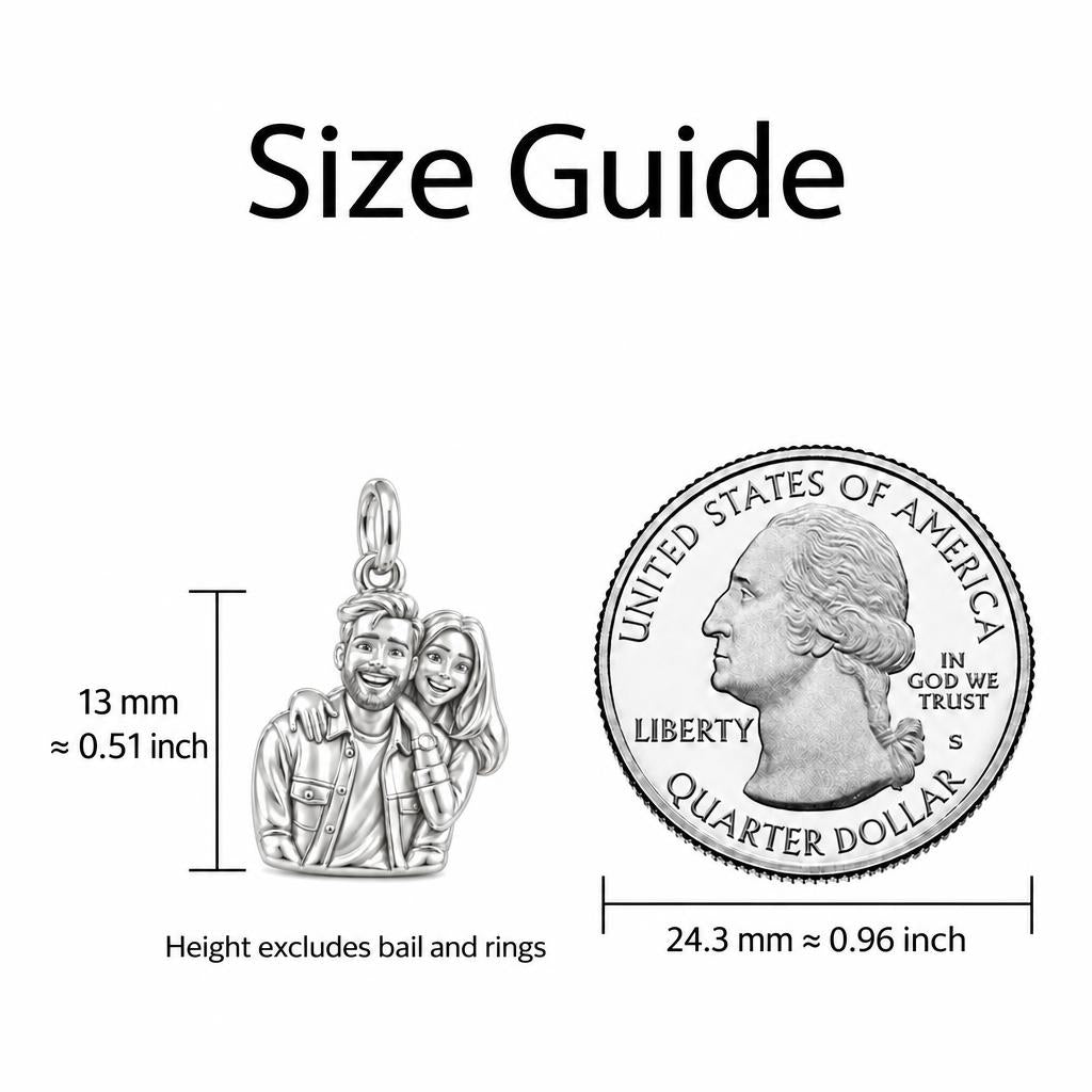Sculpted Love Portrait Charm Bracelet – Personalized Couple Gift – size guide, 13 mm charm next to a quarter
