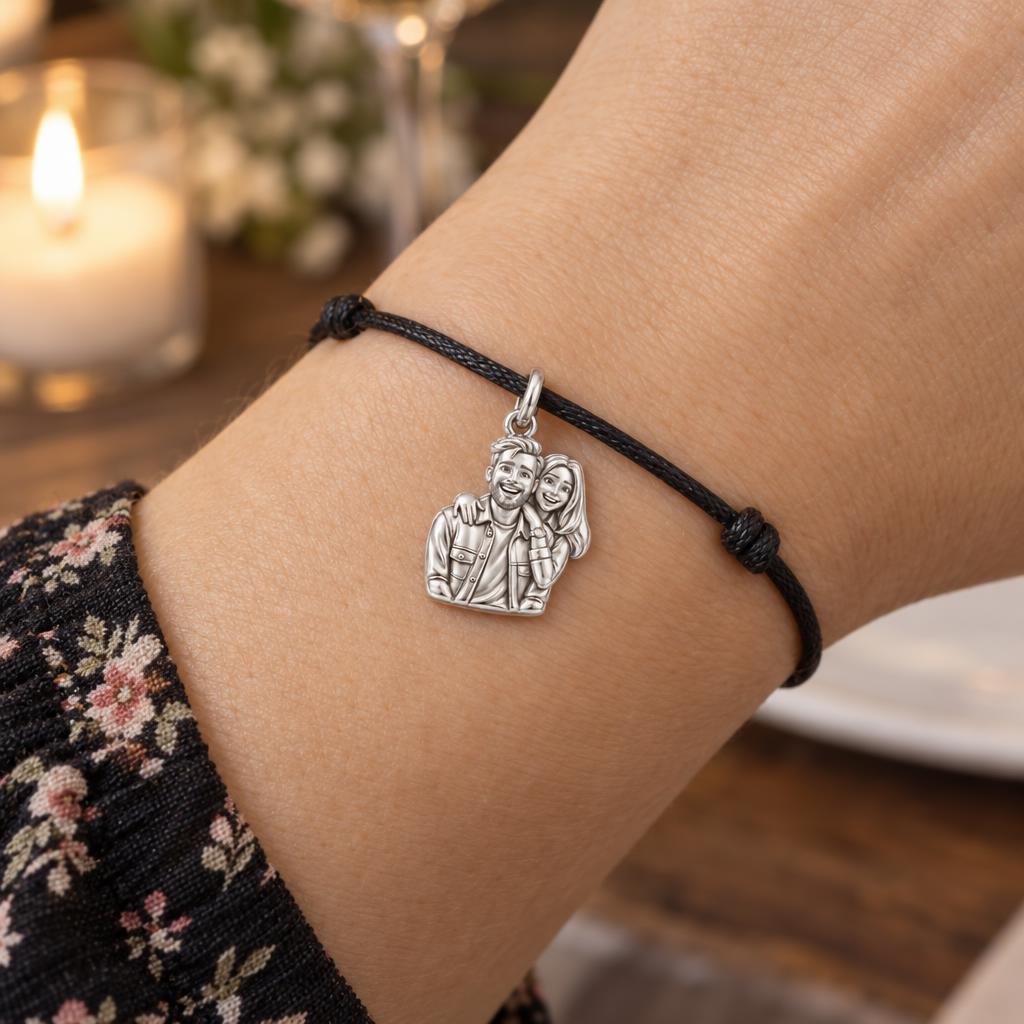 Sculpted Love Portrait Charm Bracelet – Personalized Couple Gift – worn on the wrist on a black cord bracelet