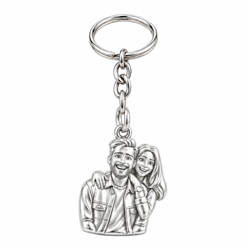 Sculpted Love Portrait Charm Keychain – silver, front view