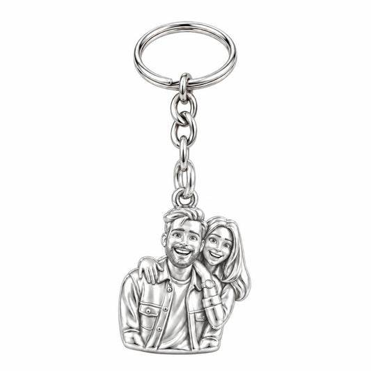 Sculpted Love Portrait Charm Keychain – silver, front view
