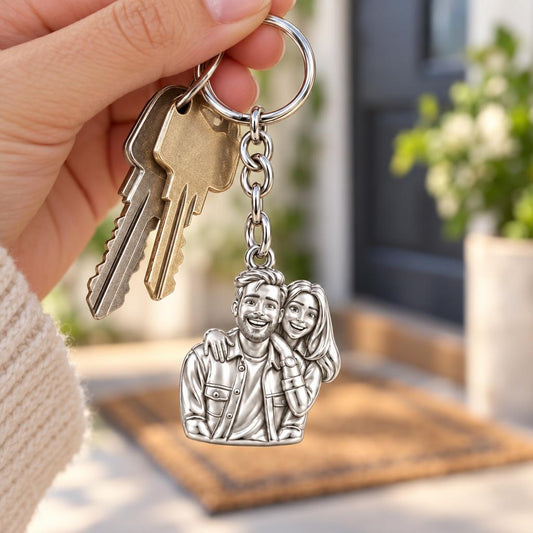 Sculpted Love Portrait Charm Keychain – worn / in use