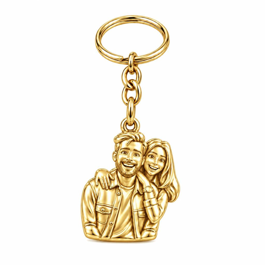 Sculpted Love Portrait Charm Keychain – 18K gold, front view