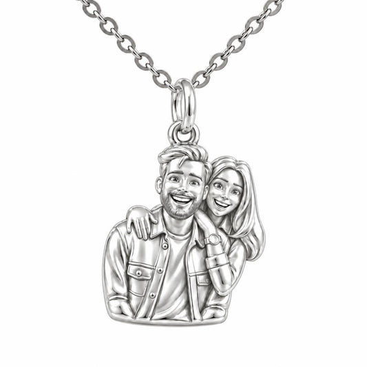 Sculpted Love Portrait Charm Necklace Set – silver, front view