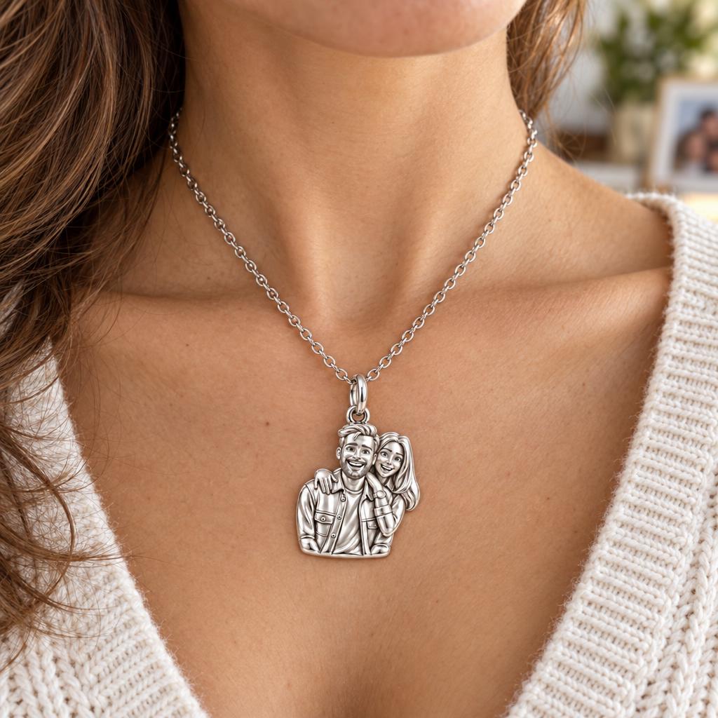 Sculpted Love Portrait Charm Necklace Set – worn / in use
