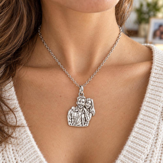 Sculpted Love Portrait Charm Necklace Set – worn / in use