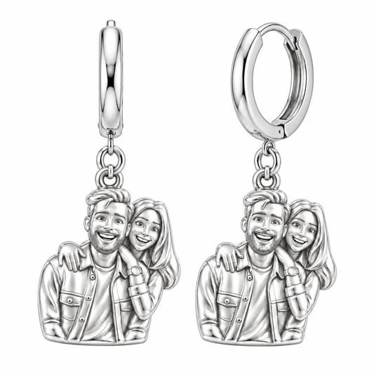 Sculpted Love Portrait Huggie Charm Earrings – silver, front view
