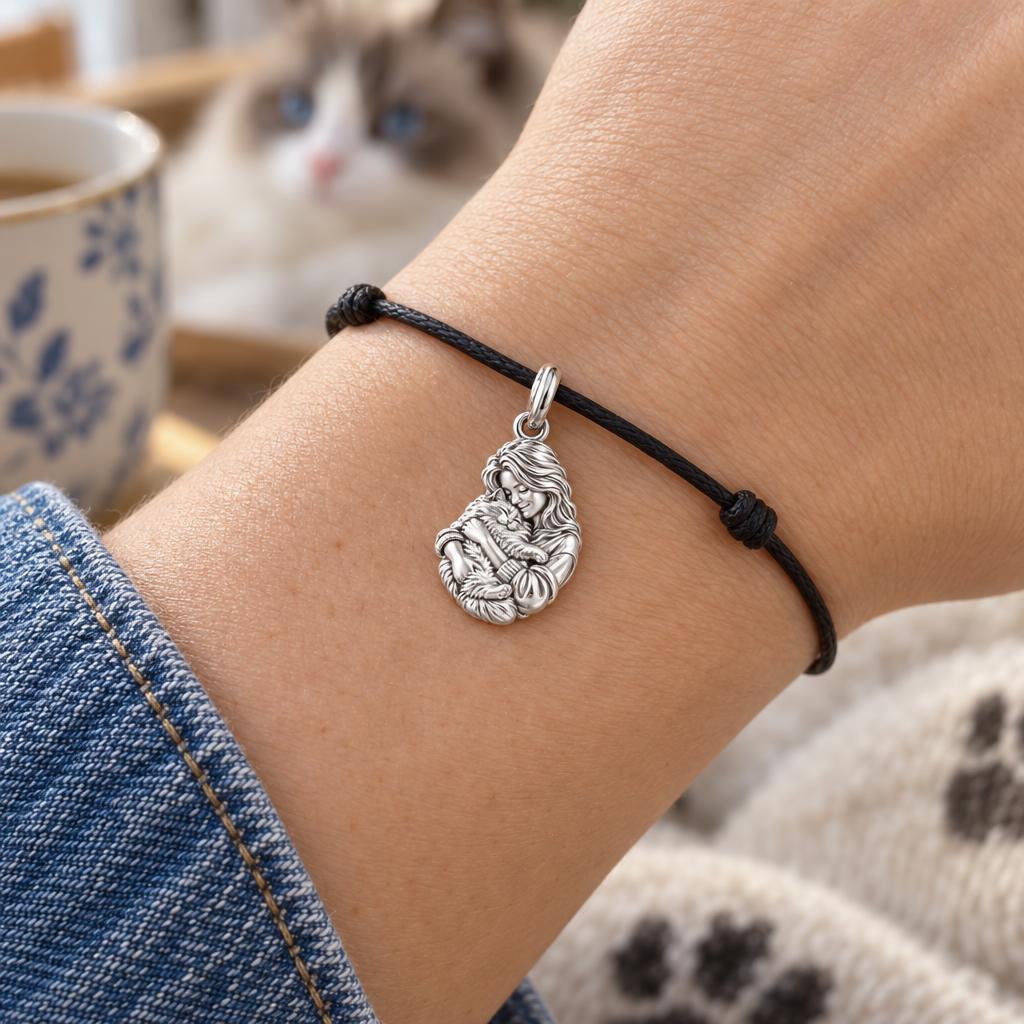 Sculpted Ragdoll Embrace Charm Bracelet – Personalized Cat Mom Gift – worn on the wrist on a black cord bracelet
