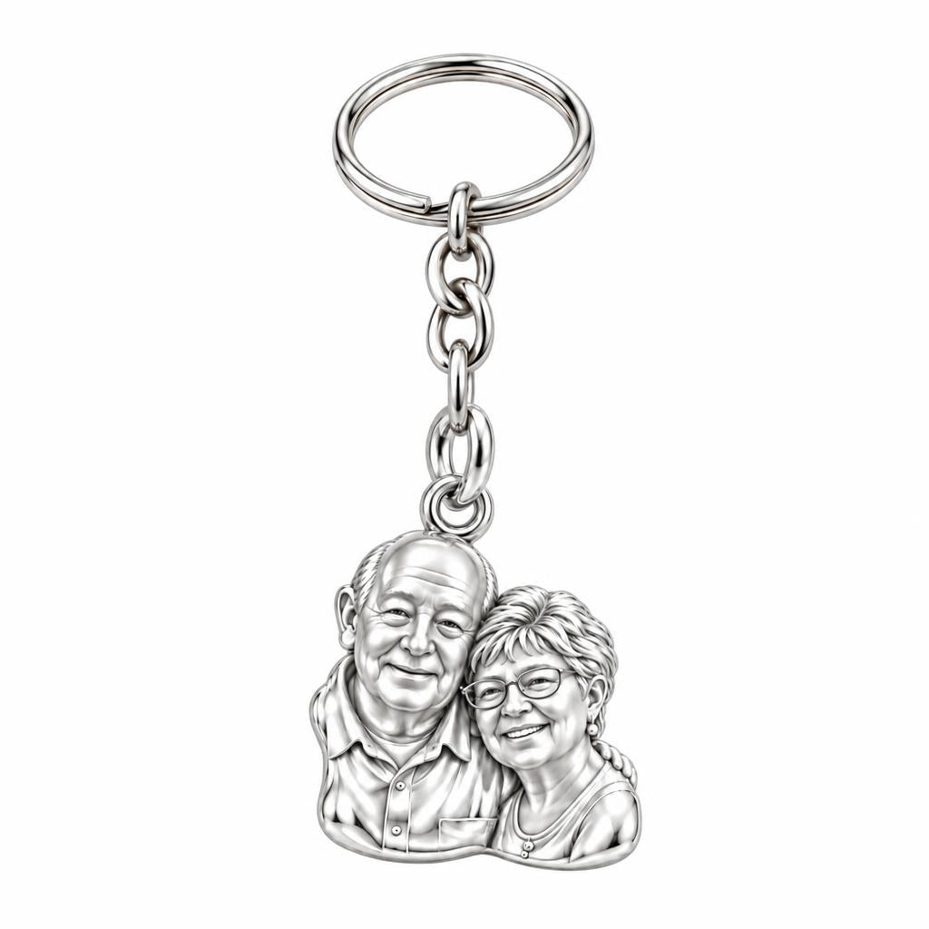 Sculpted Together Portrait Charm Keychain – silver, front view