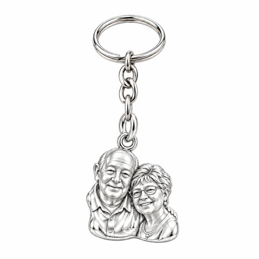Sculpted Together Portrait Charm Keychain – silver, front view