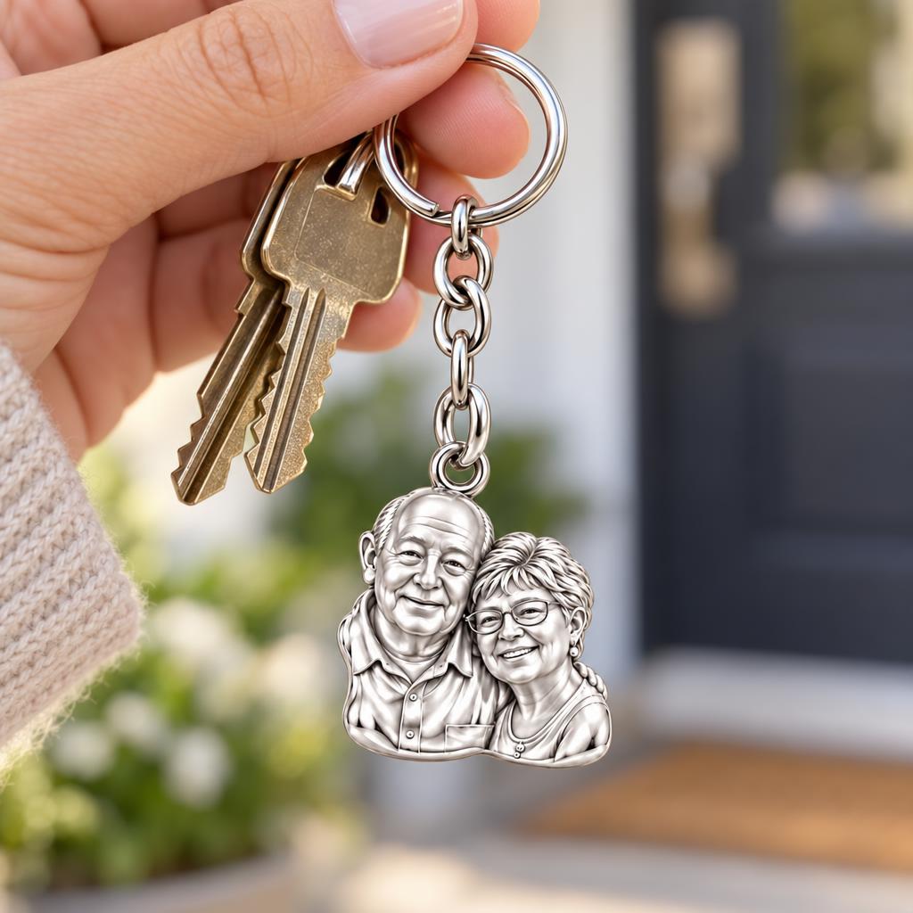 Sculpted Together Portrait Charm Keychain – worn / in use