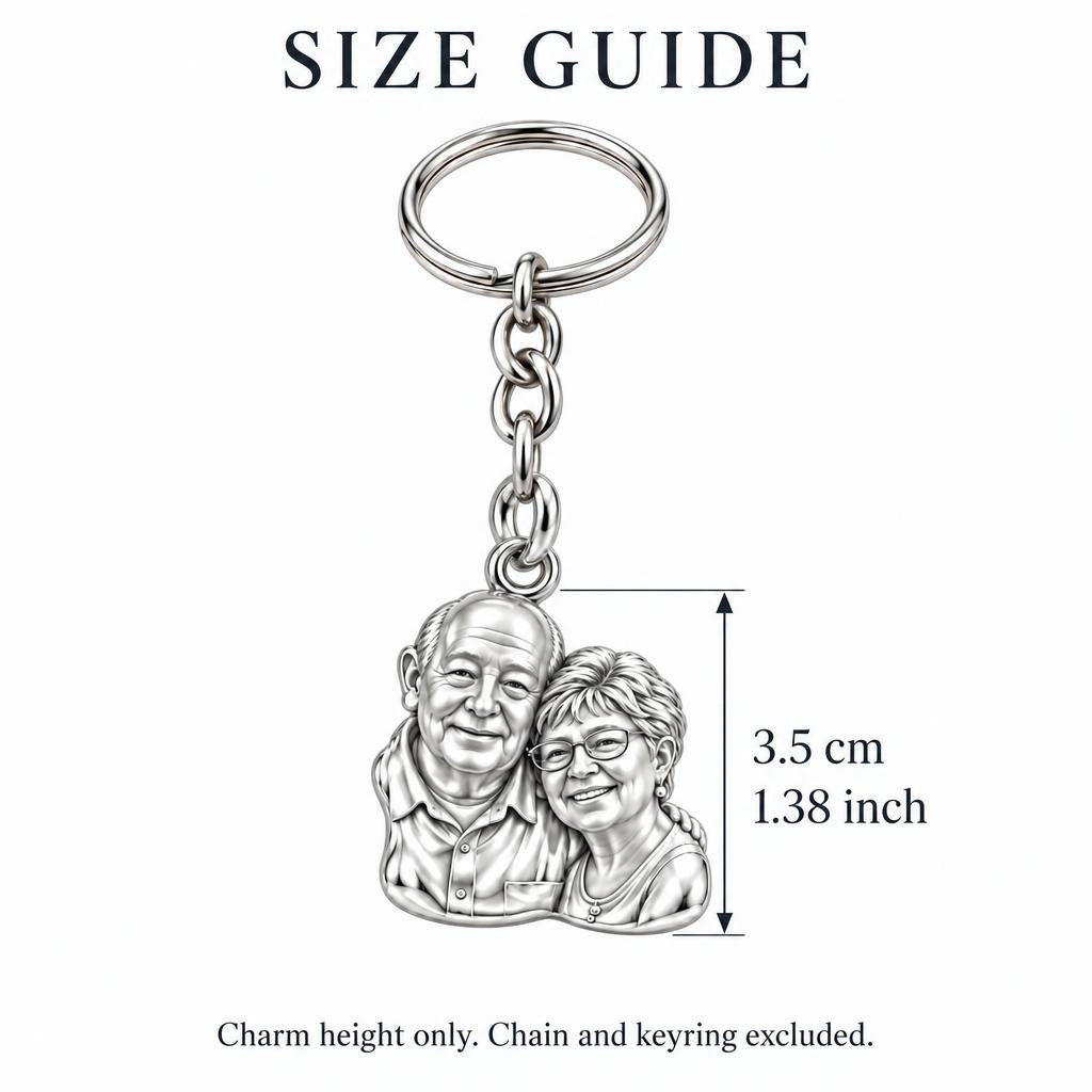 Sculpted Together Portrait Charm Keychain – size guide, 3.5 cm (1.38 in) charm, chain and keyring excluded