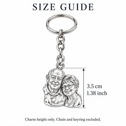 Sculpted Together Portrait Charm Keychain – size guide, 3.5 cm (1.38 in) charm, chain and keyring excluded