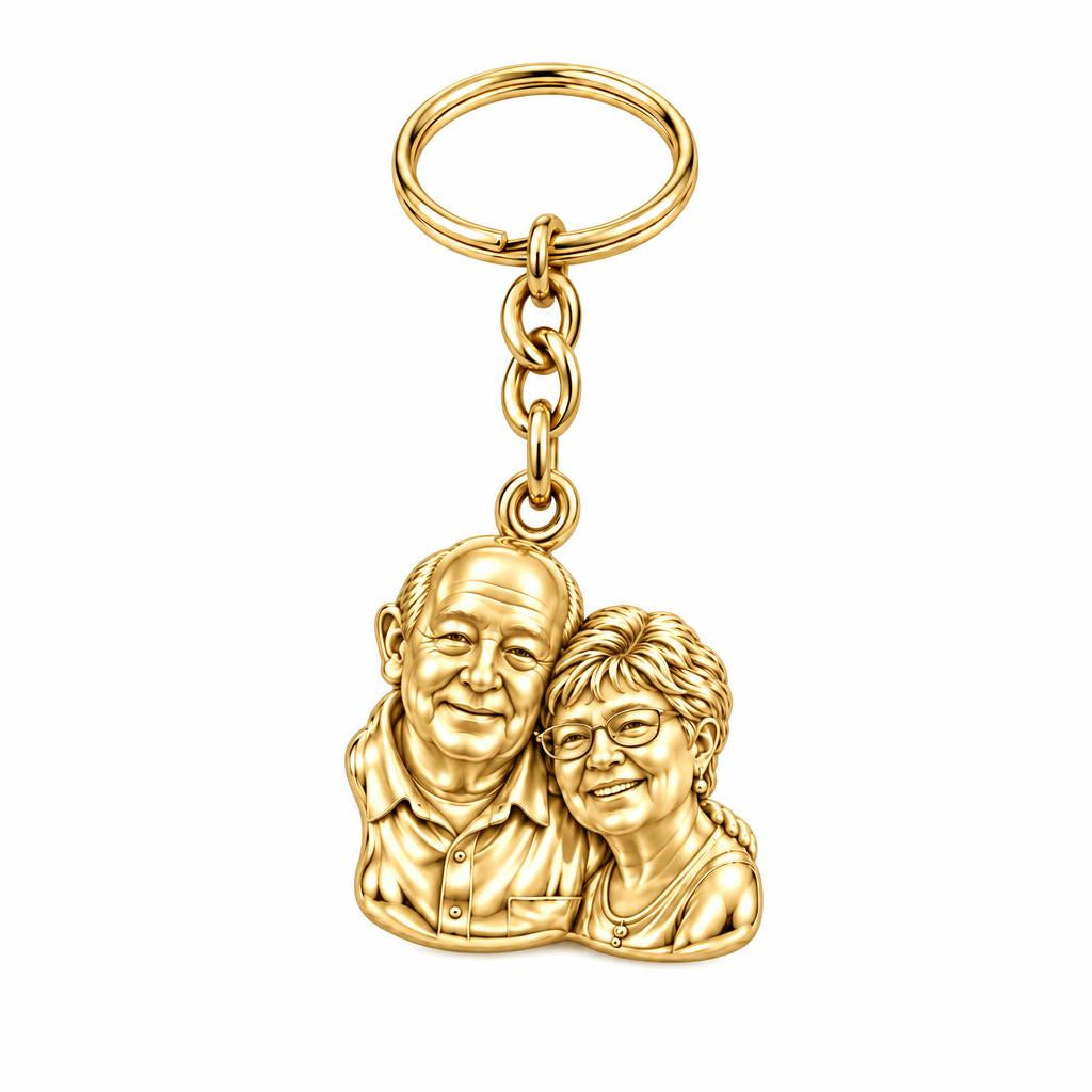 Sculpted Together Portrait Charm Keychain – 18K gold, front view