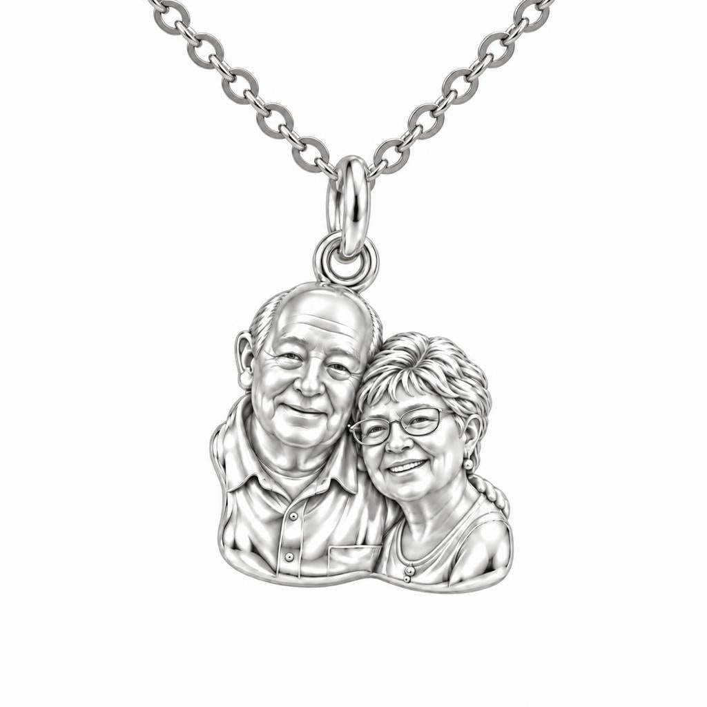 Sculpted Together Portrait Charm Necklace Set – silver, front view