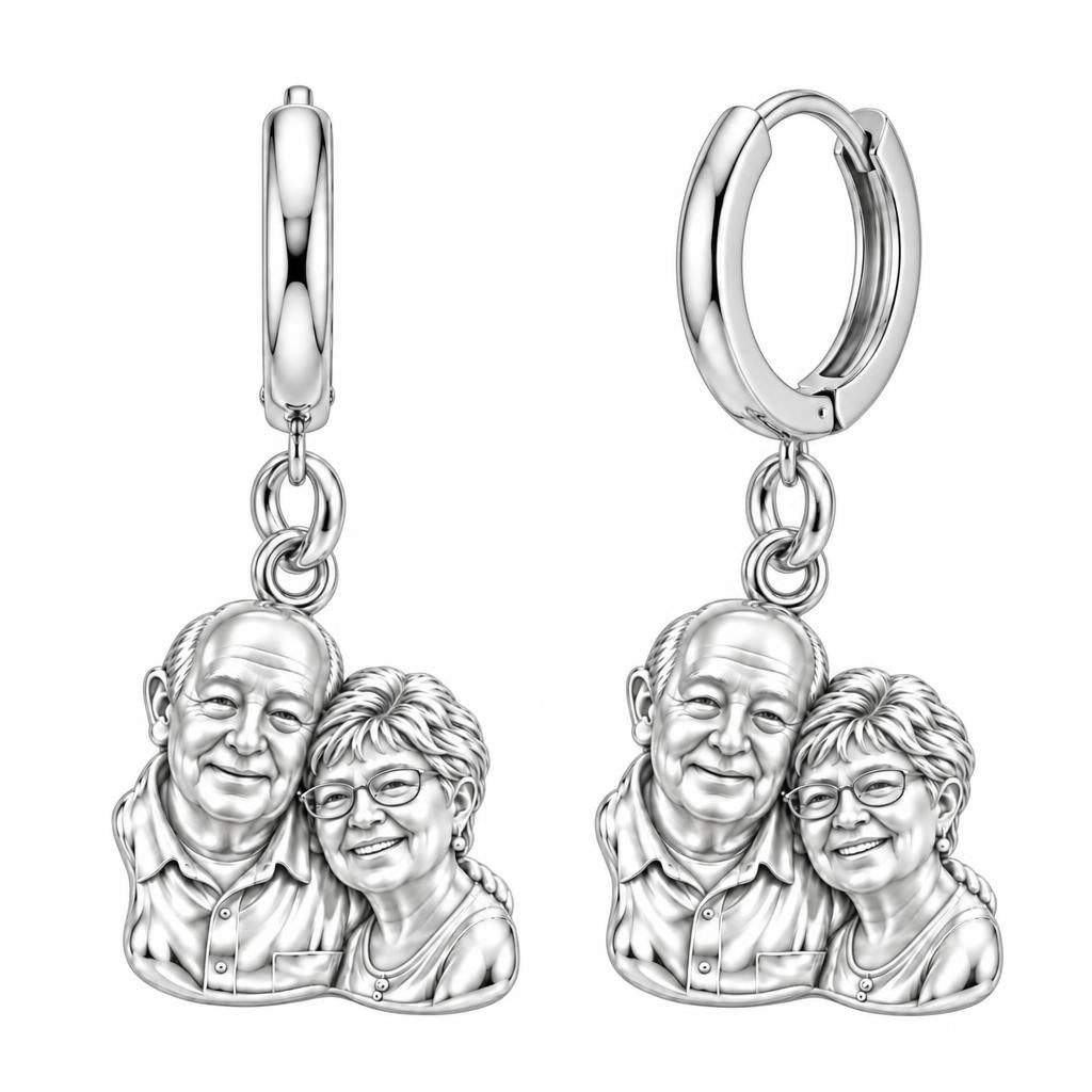 Sculpted Together Portrait Huggie Charm Earrings – silver, front view