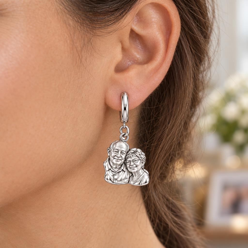 Sculpted Together Portrait Huggie Charm Earrings – worn / in use