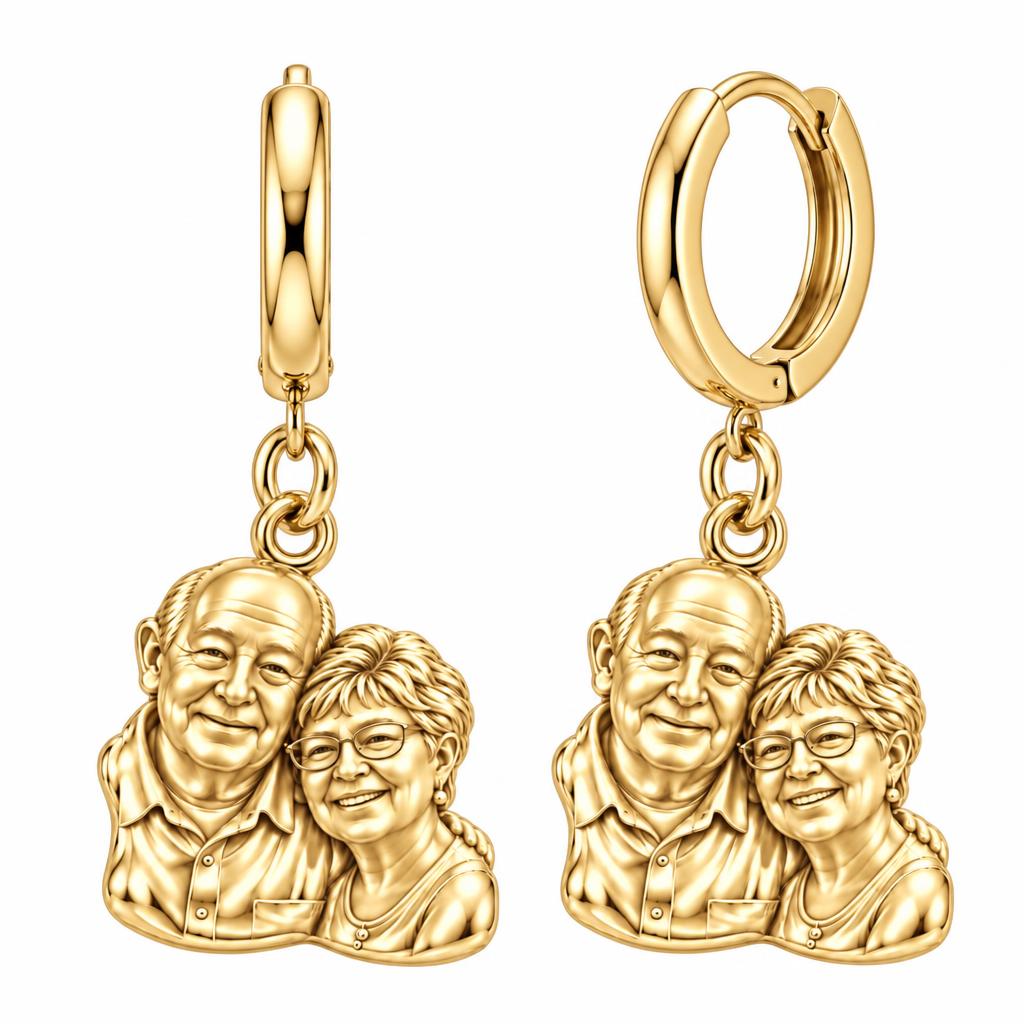 Sculpted Together Portrait Huggie Charm Earrings – 18K gold, front view