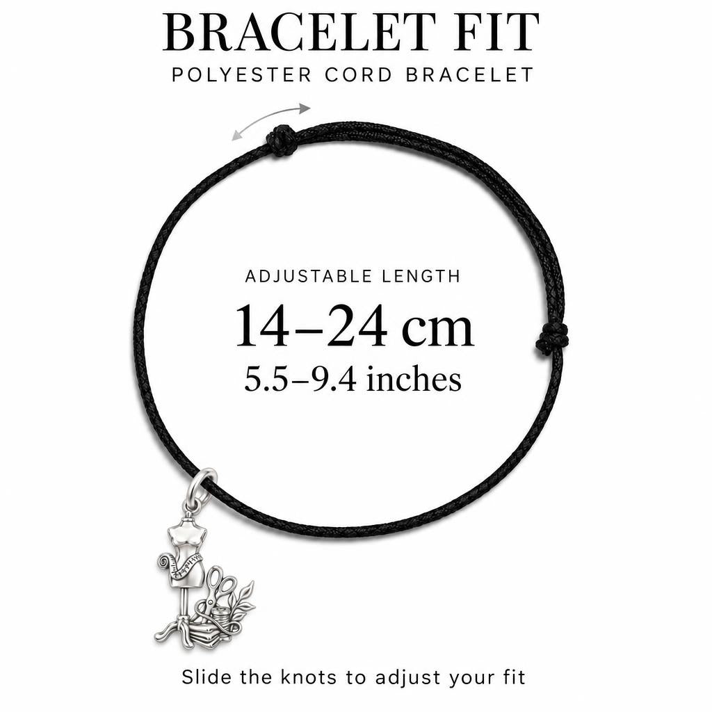 Seamstress Studio Essentials Charm Bracelet – Personalized Maker Gift – adjustable black cord bracelet, 14–24 cm