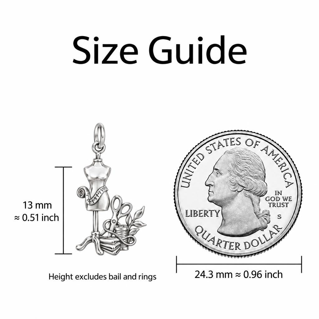 Seamstress Studio Essentials Charm Bracelet – Personalized Maker Gift – size guide, 13 mm charm next to a quarter