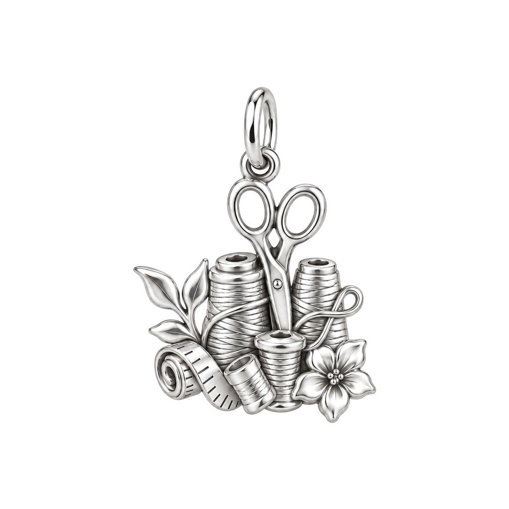 Seamstress Tools of Love Charm Bracelet – Personalized Mom Gift – silver charm, front view