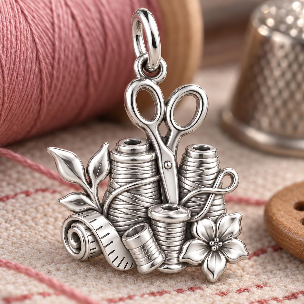 Seamstress Tools of Love Charm Bracelet – Personalized Mom Gift – macro detail of the charm