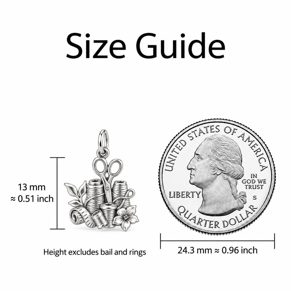 Seamstress Tools of Love Charm Bracelet – Personalized Mom Gift – size guide, 13 mm charm next to a quarter