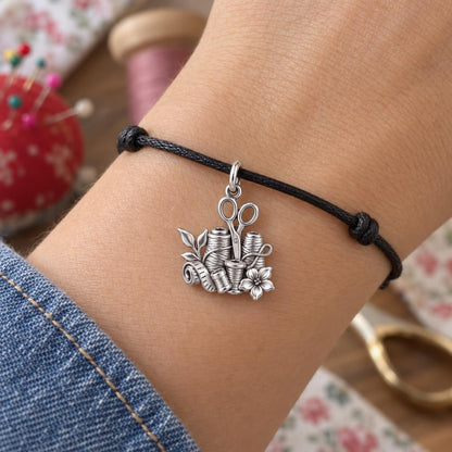 Seamstress Tools of Love Charm Bracelet – Personalized Mom Gift – worn on the wrist on a black cord bracelet