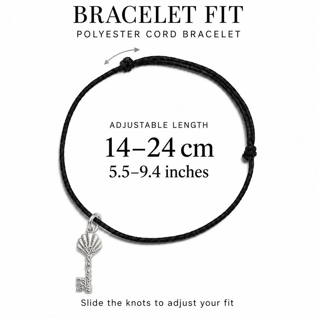 Seashell Skeleton Key Charm Bracelet – Personalized Mom Gift – adjustable black cord bracelet, 14–24 cm