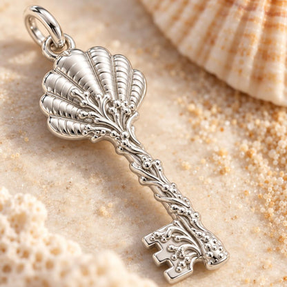 Seashell Skeleton Key Charm Bracelet – Personalized Mom Gift – macro detail of the charm
