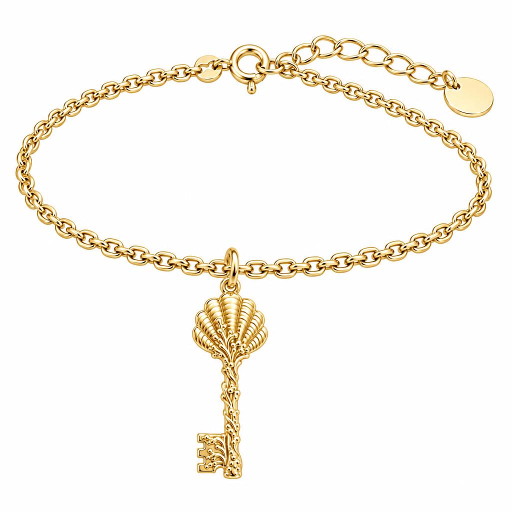 Seashell Skeleton Key Charm Bracelet Set – 18K gold, front view