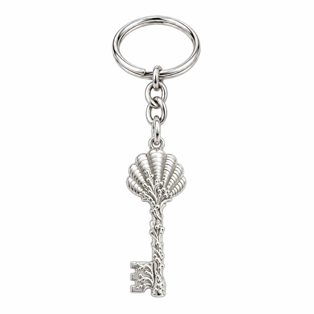 Seashell Skeleton Key Charm Keychain – silver, front view